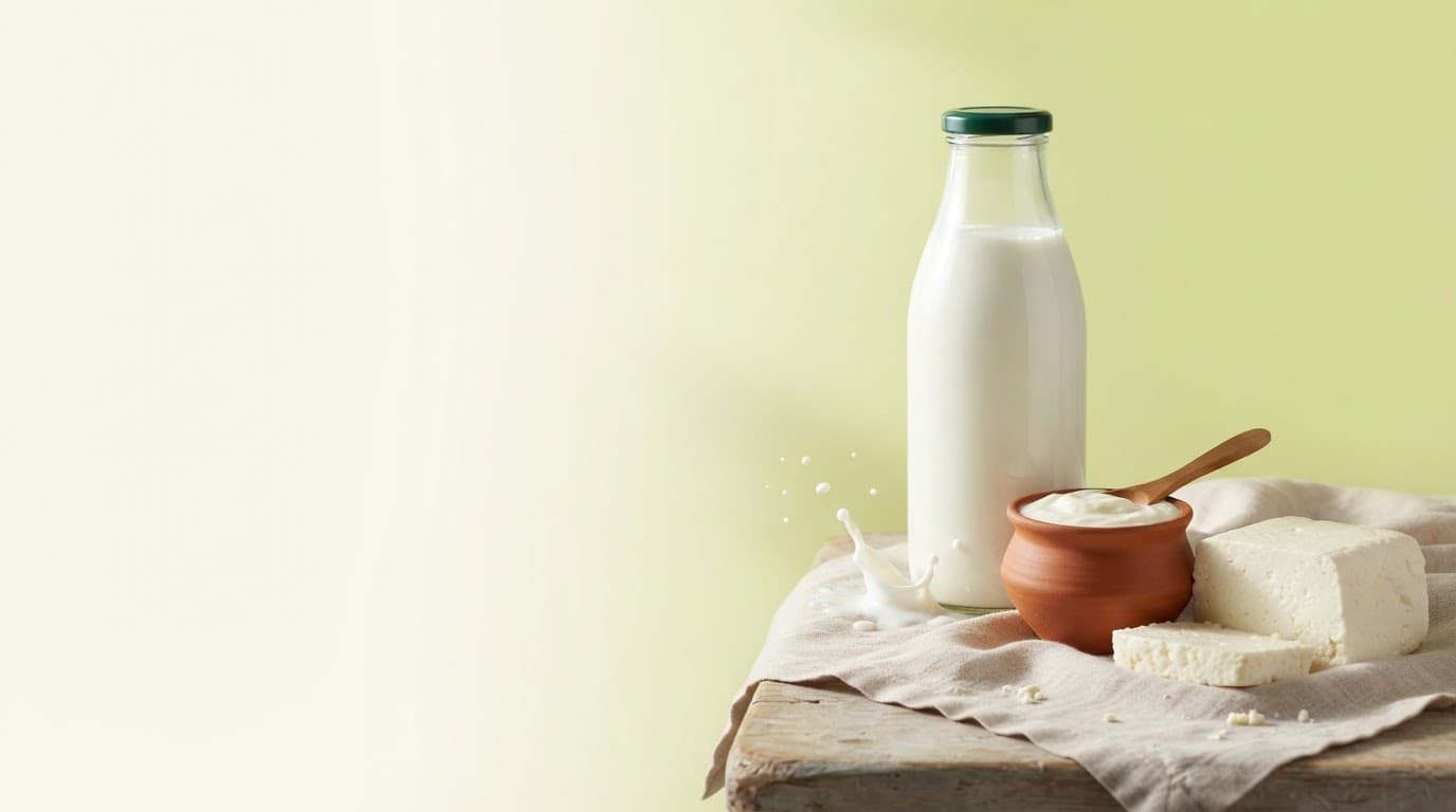 A glass bottle of milk beside a clay pot of dahi and fresh paneer on a rustic table